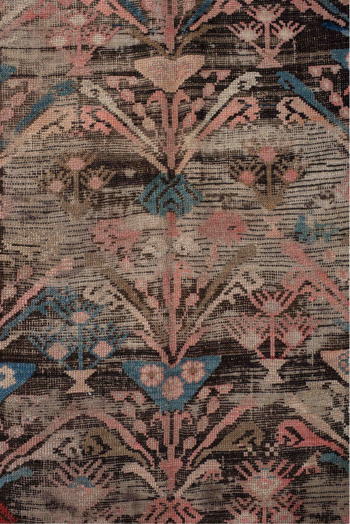 4' x 8' one-of-a-kind handmade vintage Karabagh rug. Color palette: arapawa, black, blue, brown, dark gray, gray, off-white