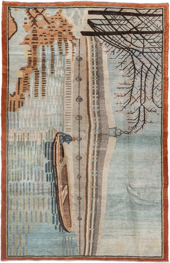 6' x 9' one-of-a-kind handmade vintage Khotan medium size rug. Color palette: sky blue, ivory, rust, brown, taupe, charcoal