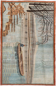 6' x 9' one-of-a-kind handmade vintage Khotan medium size rug. Color palette: sky blue, ivory, rust, brown, taupe, charcoal
