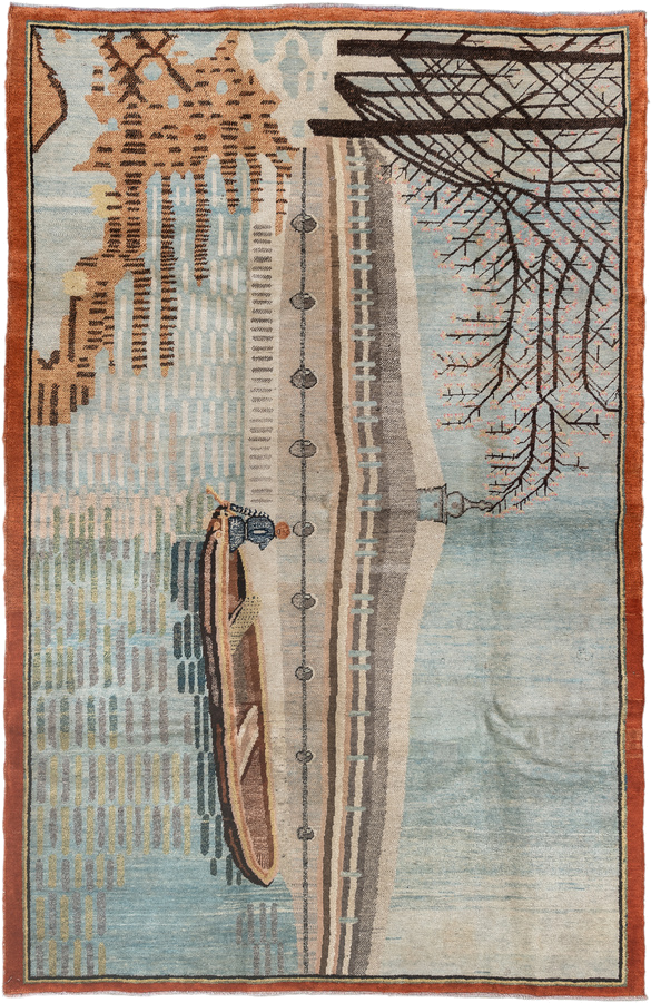 6' x 9' one-of-a-kind handmade vintage Khotan medium size rug. Color palette: sky blue, ivory, rust, brown, taupe, charcoal