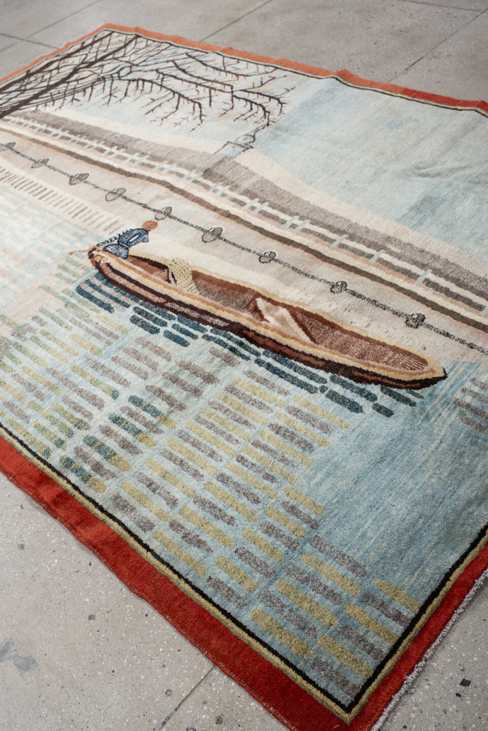 6' x 9' one-of-a-kind handmade vintage Khotan medium size rug. Color palette: sky blue, ivory, rust, brown, taupe, charcoal