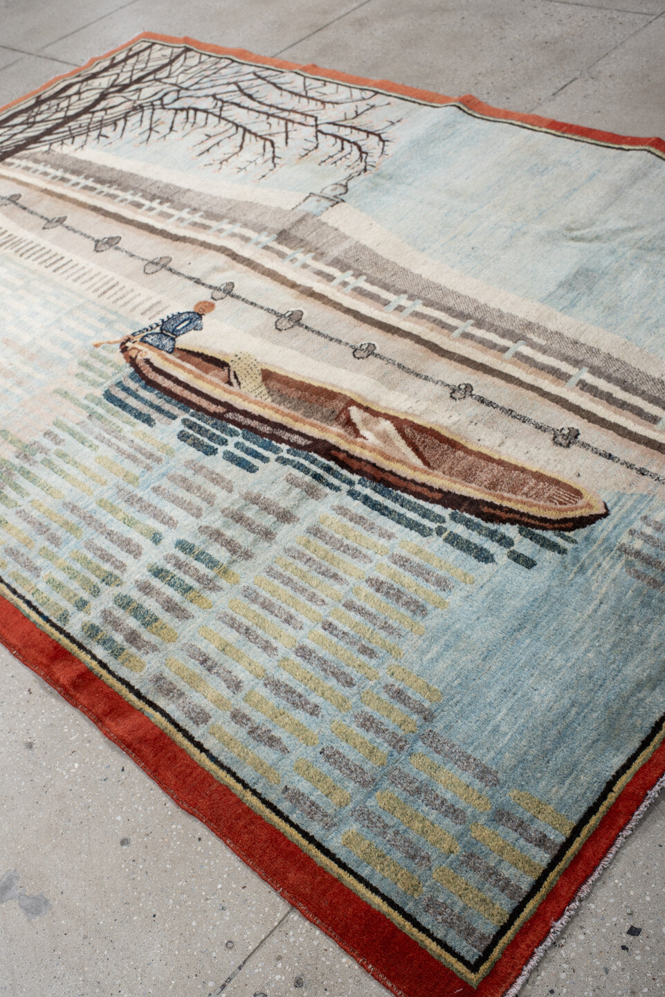 6' x 9' one-of-a-kind handmade vintage Khotan medium size rug. Color palette: sky blue, ivory, rust, brown, taupe, charcoal