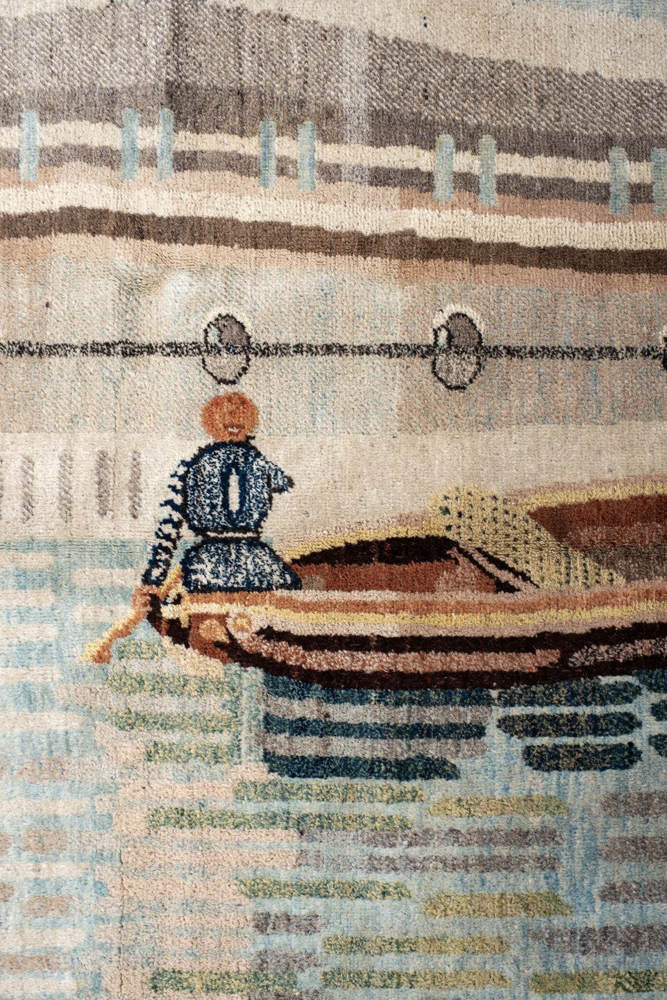 6' x 9' one-of-a-kind handmade vintage Khotan medium size rug. Color palette: sky blue, ivory, rust, brown, taupe, charcoal