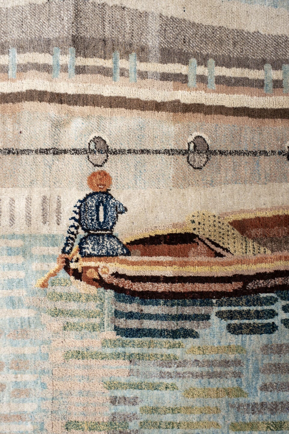 6' x 9' one-of-a-kind handmade vintage Khotan medium size rug. Color palette: sky blue, ivory, rust, brown, taupe, charcoal