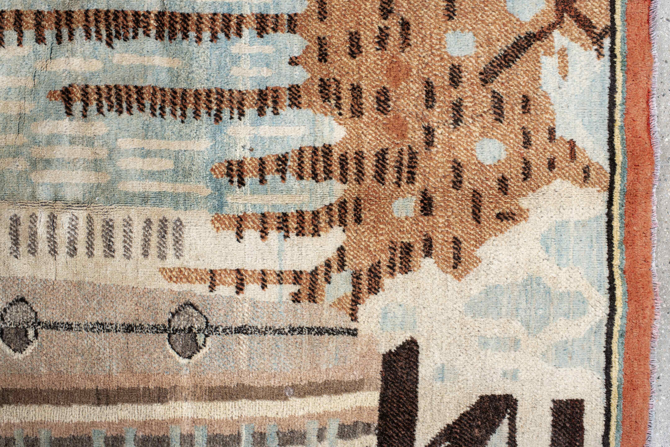 6' x 9' one-of-a-kind handmade vintage Khotan medium size rug. Color palette: sky blue, ivory, rust, brown, taupe, charcoal
