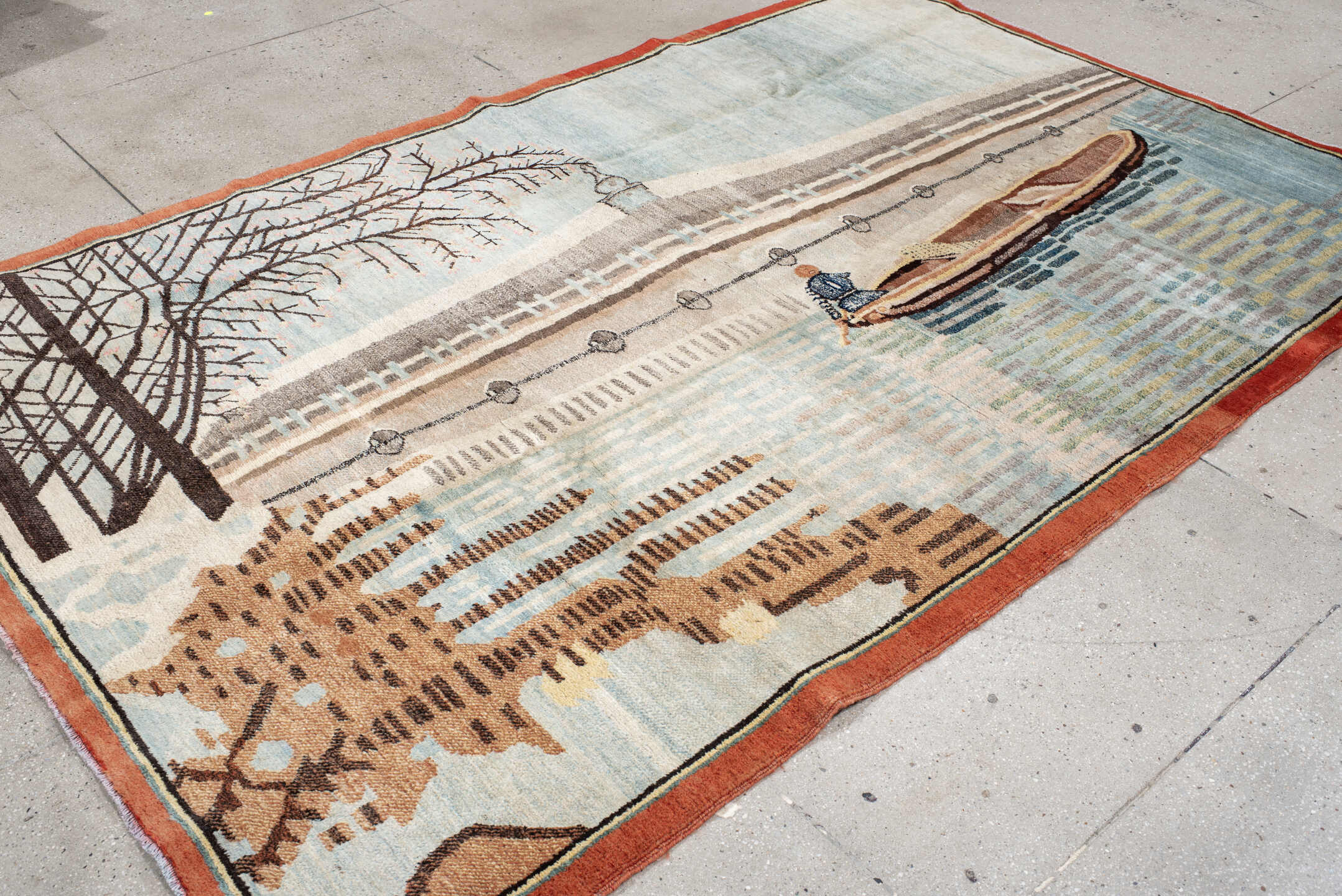 6' x 9' one-of-a-kind handmade vintage Khotan medium size rug. Color palette: sky blue, ivory, rust, brown, taupe, charcoal