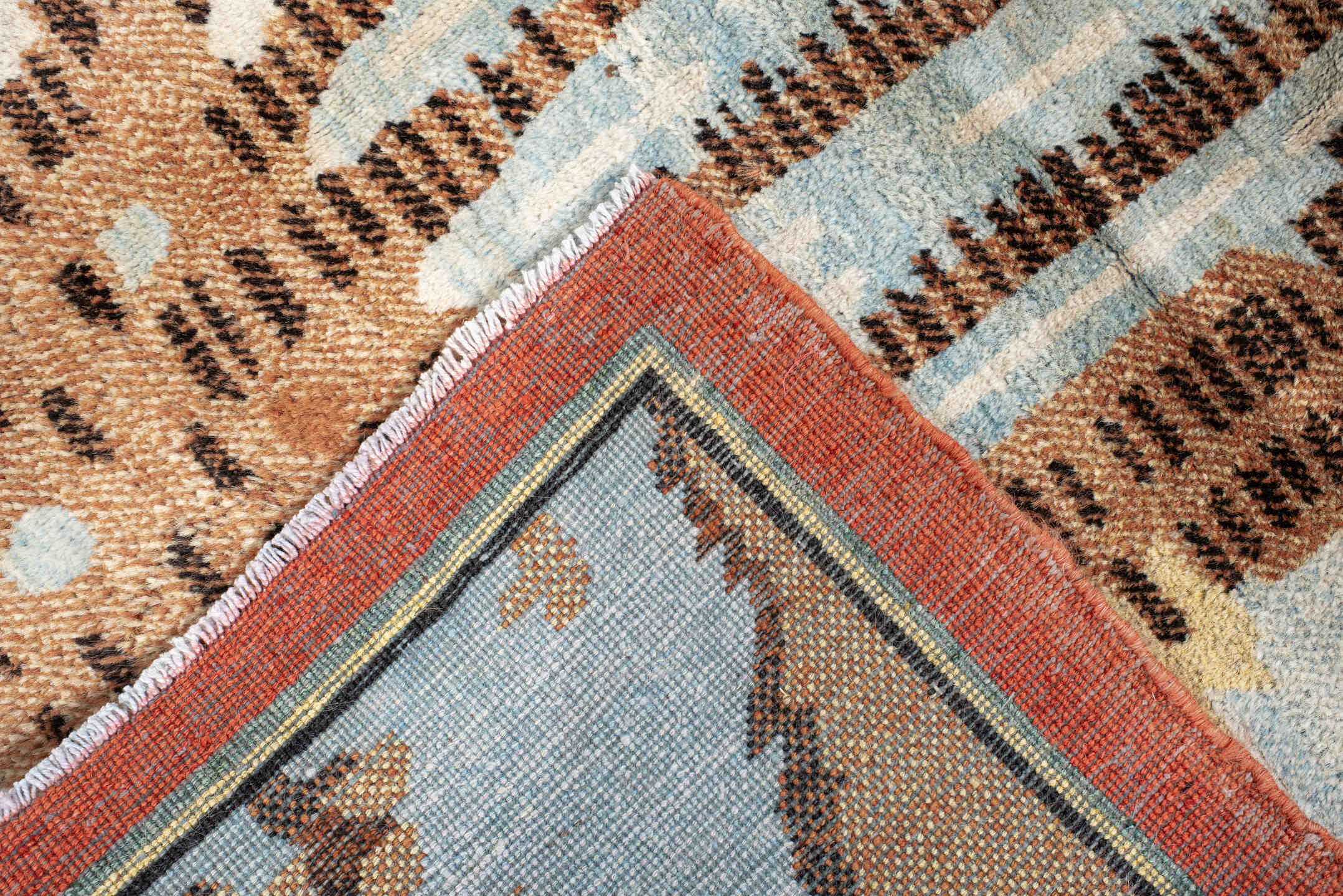 6' x 9' one-of-a-kind handmade vintage Khotan medium size rug. Color palette: sky blue, ivory, rust, brown, taupe, charcoal