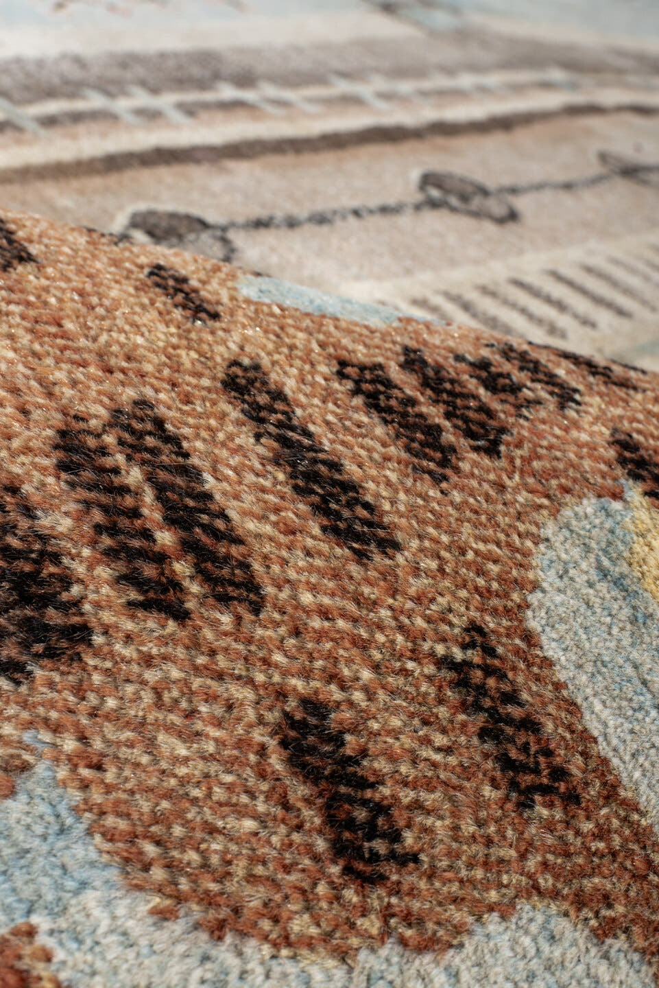 6' x 9' one-of-a-kind handmade vintage Khotan medium size rug. Color palette: sky blue, ivory, rust, brown, taupe, charcoal