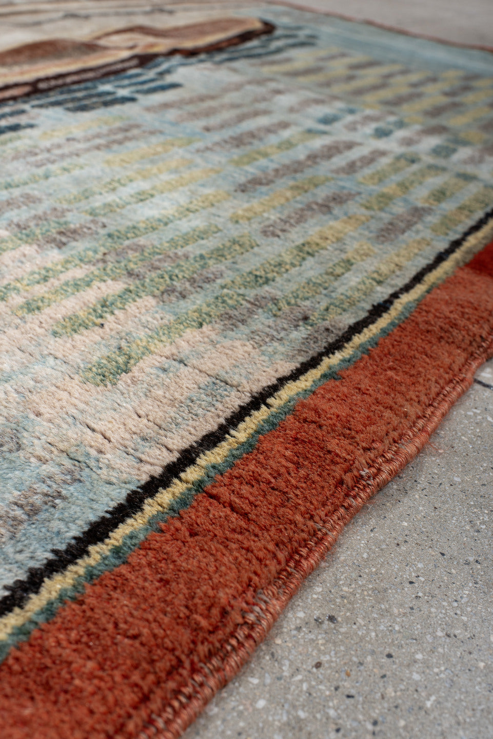 6' x 9' one-of-a-kind handmade vintage Khotan medium size rug. Color palette: sky blue, ivory, rust, brown, taupe, charcoal