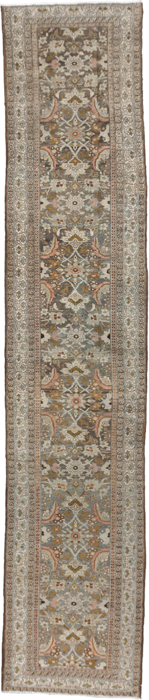 3' x 16' one-of-a-kind handmade vintage Malayer runner rug. Color palette: taupe, ivory, brown, slate, rose, camel, sage