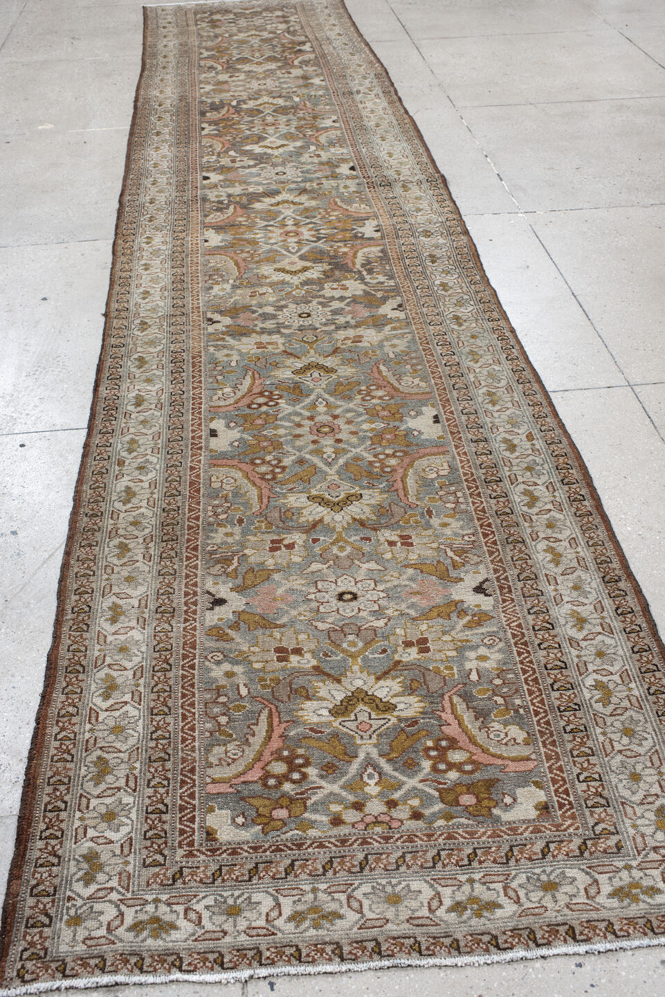 3' x 16' one-of-a-kind handmade vintage Malayer runner rug. Color palette: brown, dim gray, gray, light gray, pink
