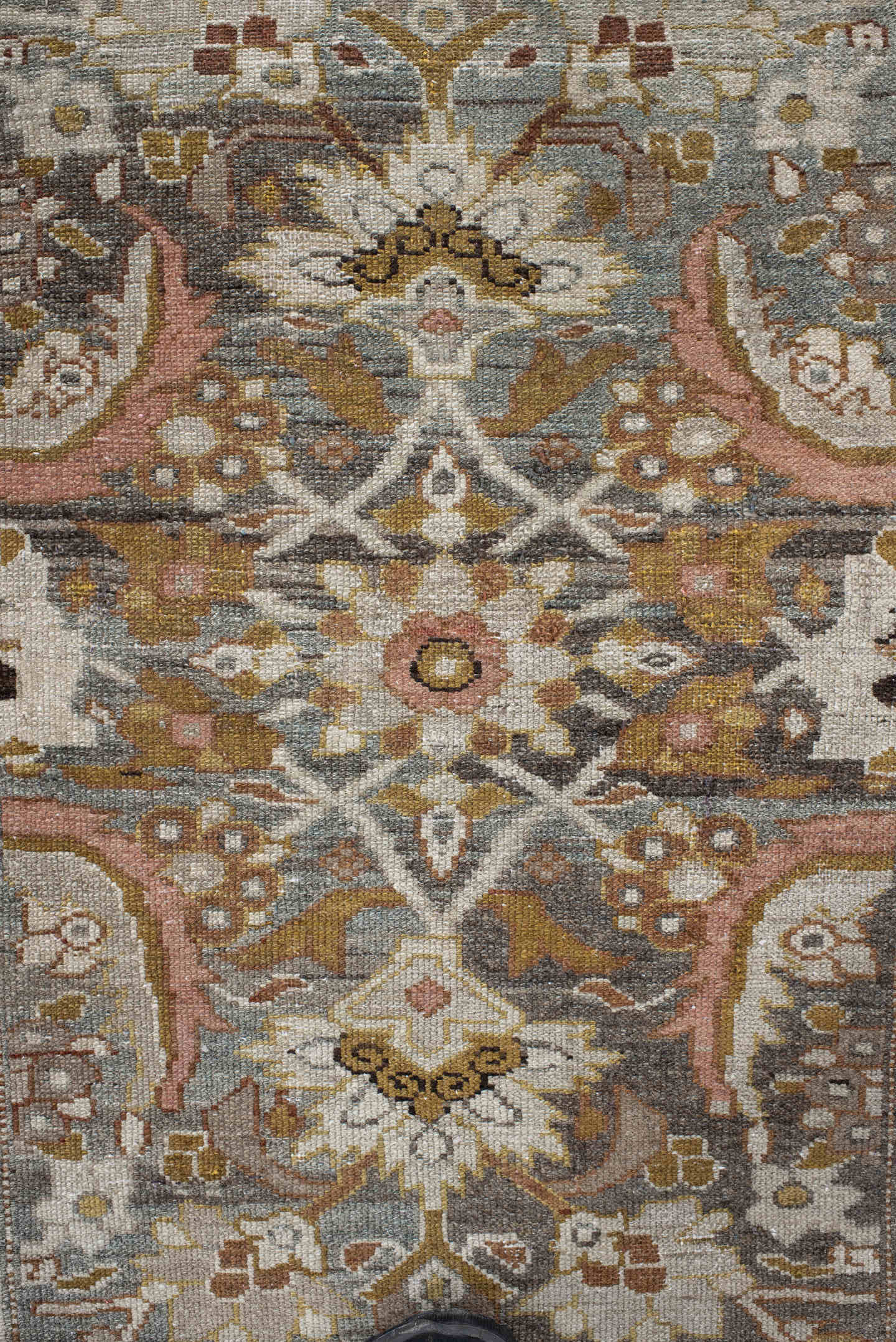 3' x 16' one-of-a-kind handmade vintage Malayer runner rug. Color palette: taupe, ivory, brown, slate, rose, camel, sage