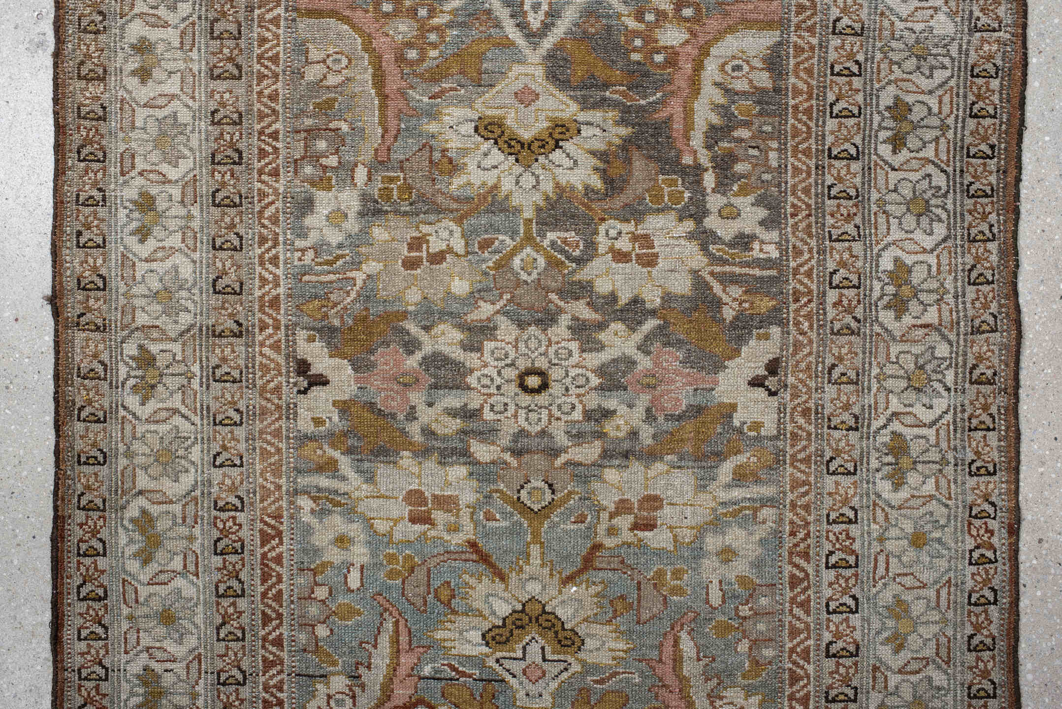 3' x 16' one-of-a-kind handmade vintage Malayer runner rug. Color palette: brown, dim gray, gray, light gray, pink