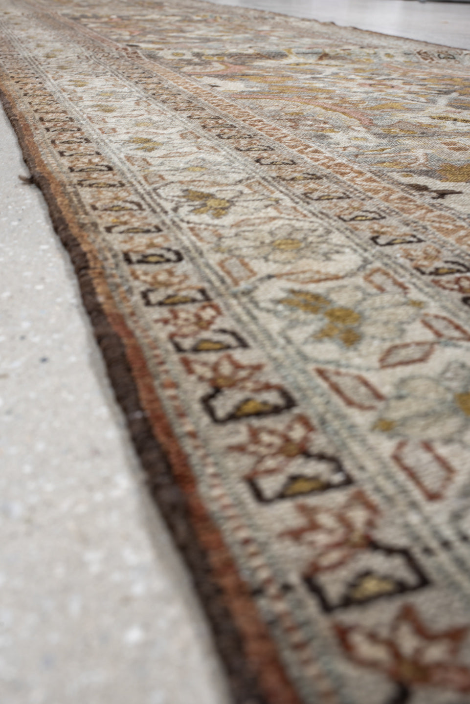 3' x 16' one-of-a-kind handmade vintage Malayer runner rug. Color palette: brown, dim gray, gray, light gray, pink