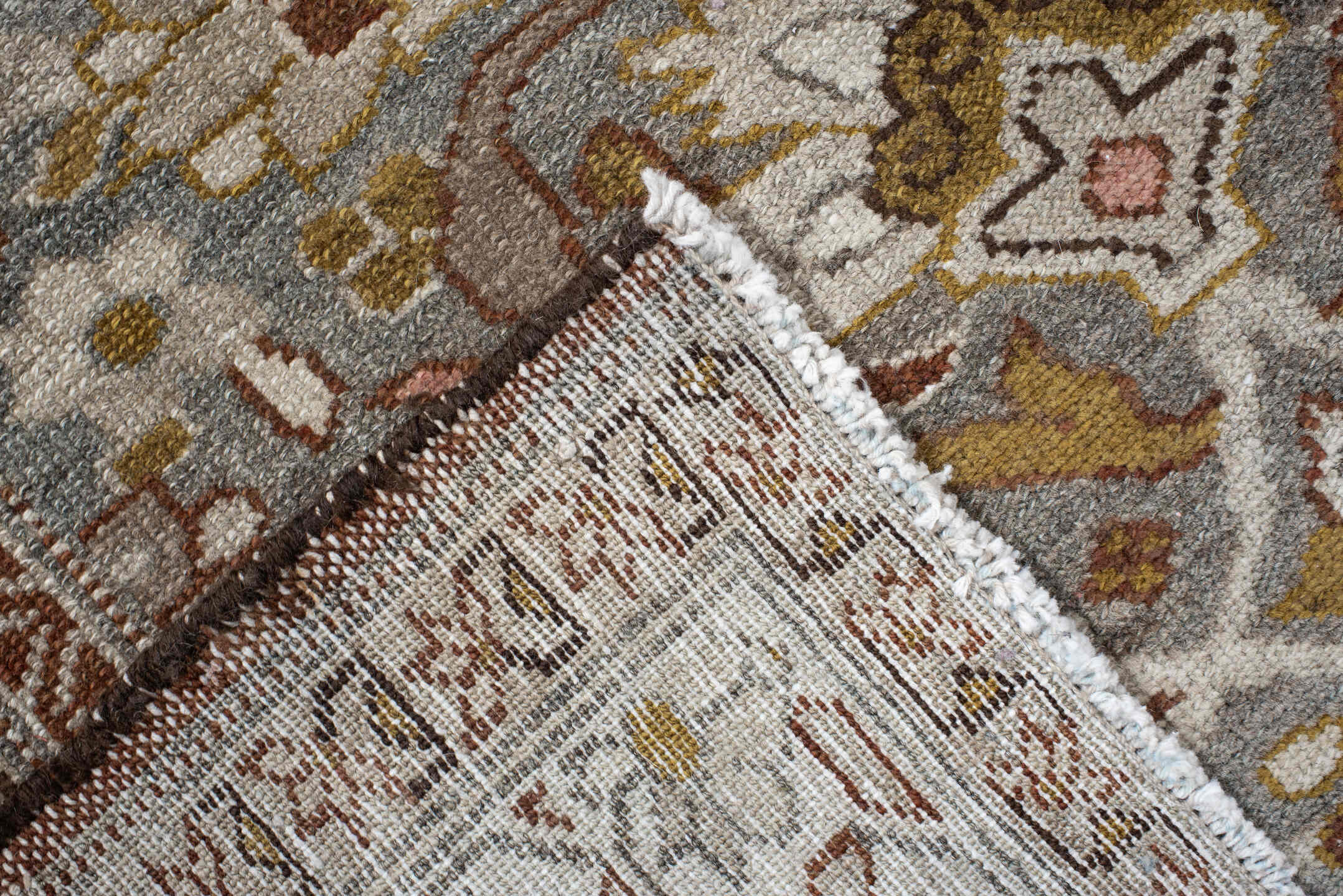 3' x 16' one-of-a-kind handmade vintage Malayer runner rug. Color palette: brown, dim gray, gray, light gray, pink