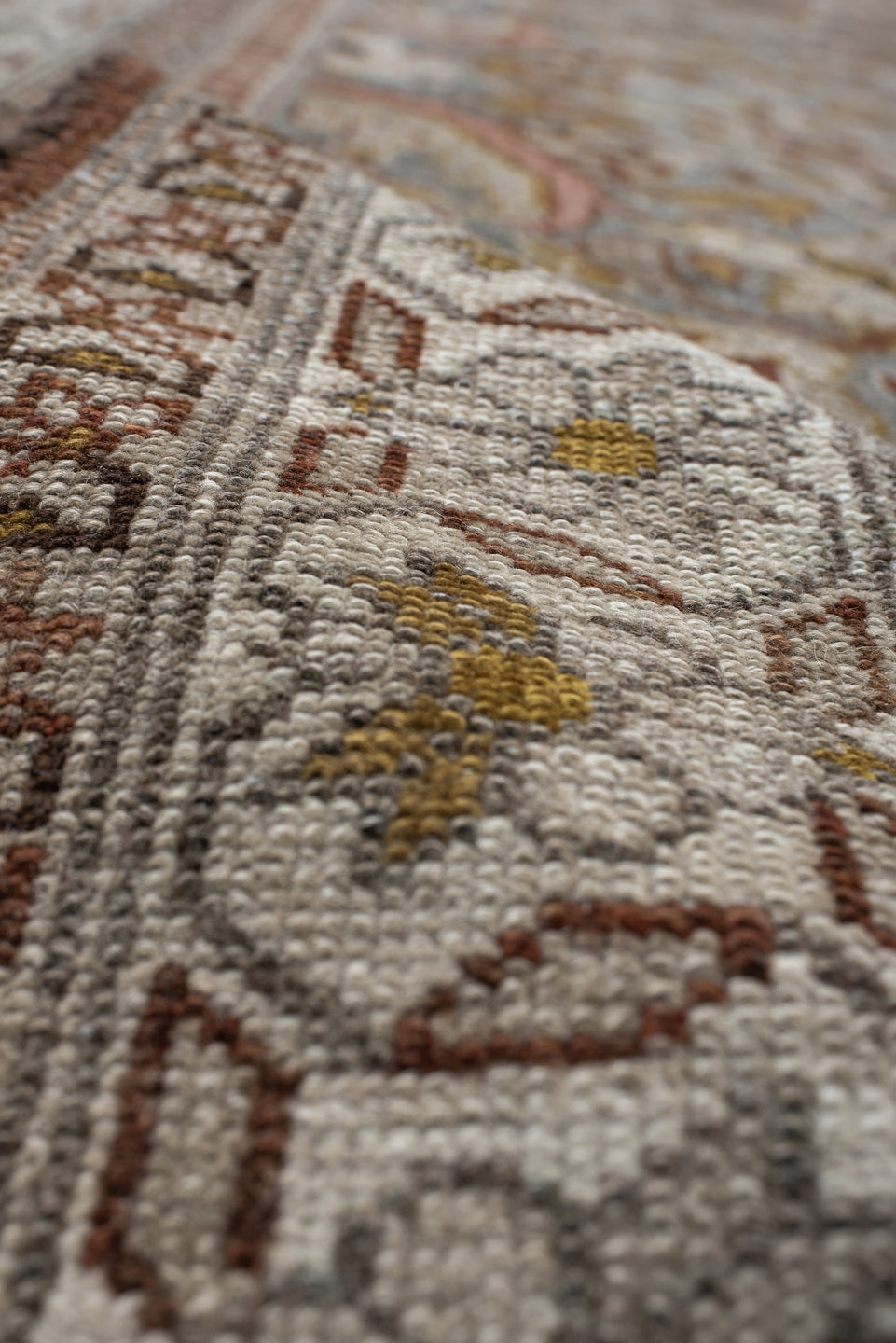 3' x 16' one-of-a-kind handmade vintage Malayer runner rug. Color palette: brown, dim gray, gray, light gray, pink