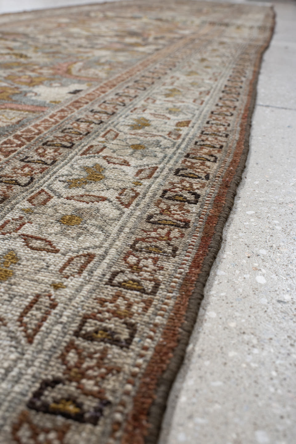 3' x 16' one-of-a-kind handmade vintage Malayer runner rug. Color palette: taupe, ivory, brown, slate, rose, camel, sage