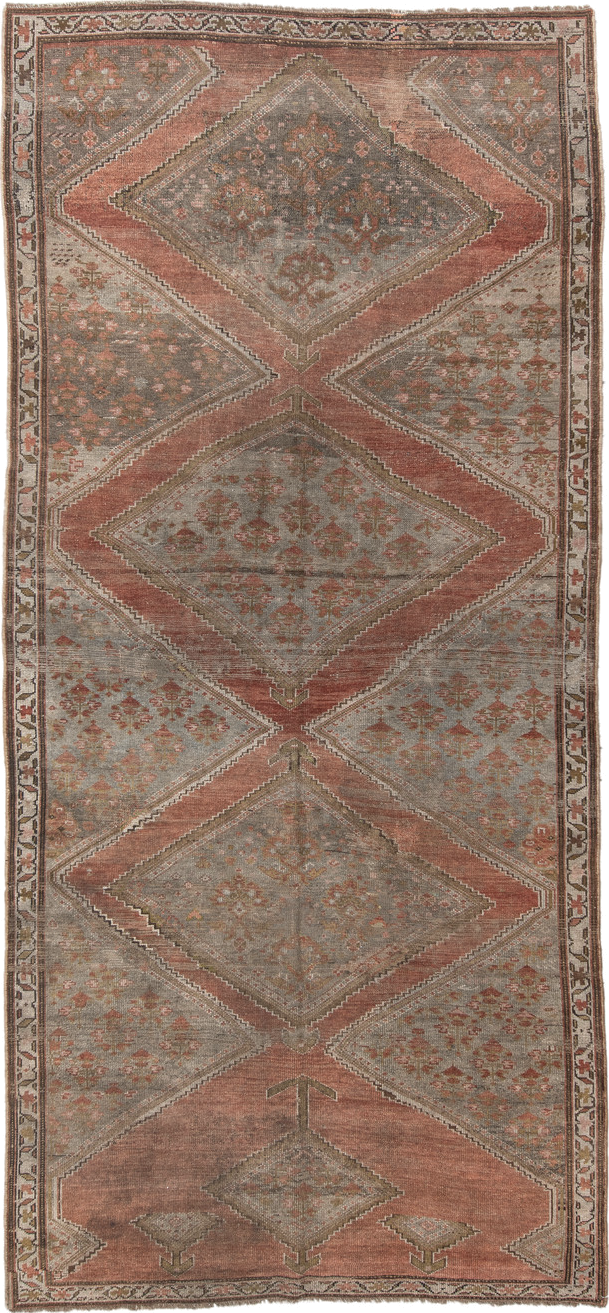 5' x 11' one-of-a-kind handmade antique NW Persian rug. Color palette: taupe, terra cotta, ivory, brown, sage, rust, beige