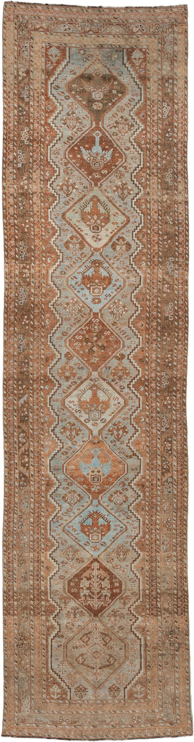 3' x 12' one-of-a-kind handmade vintage Shiraz runner rug. Color palette: ivory, rust, camel, taupe, pale blue, brown