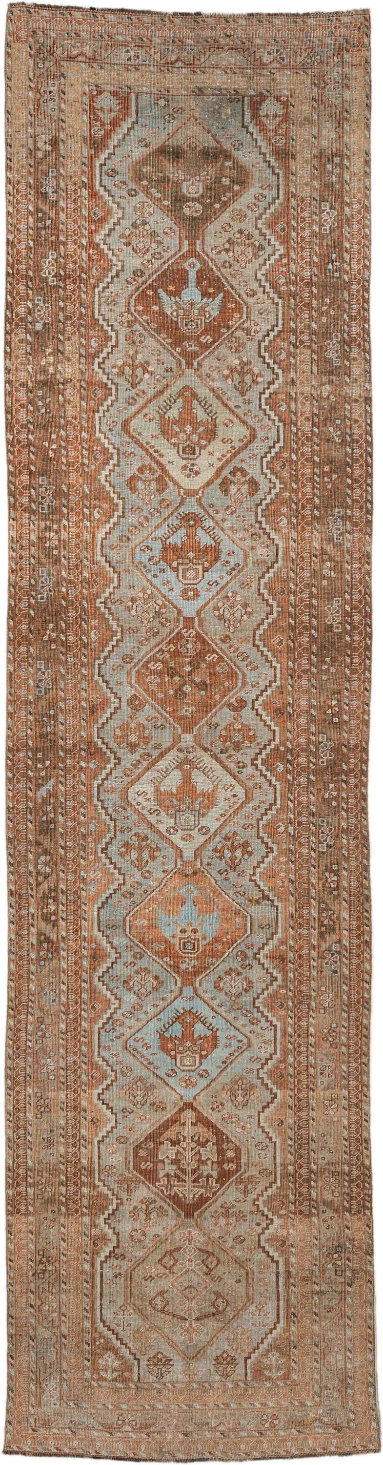 3' x 12' one-of-a-kind handmade vintage Shiraz runner rug. Color palette: ivory, rust, camel, taupe, pale blue, brown