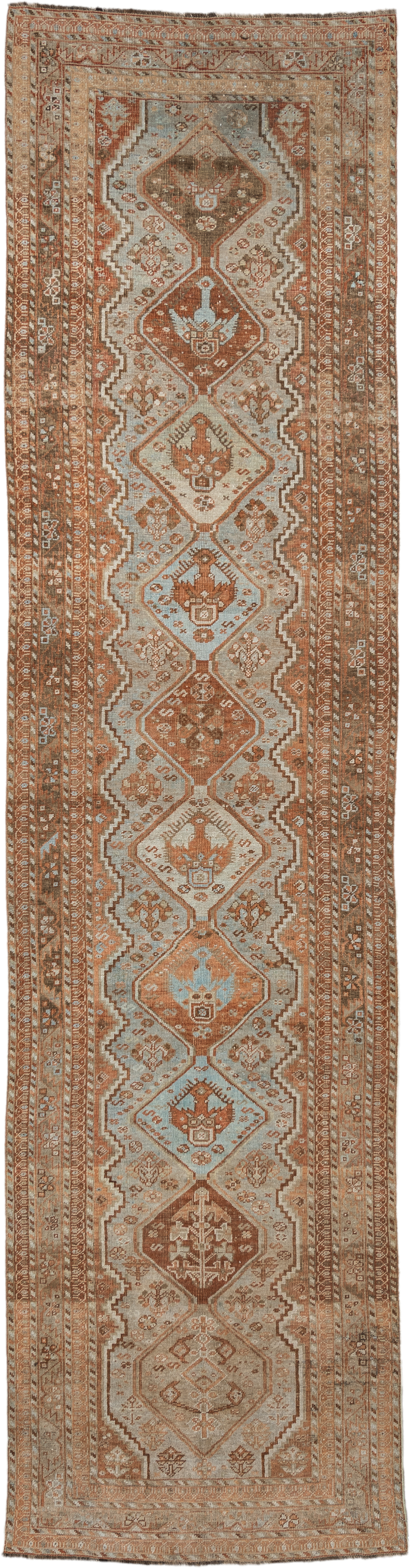 3' x 12' one-of-a-kind handmade vintage Shiraz runner rug. Color palette: ivory, rust, camel, taupe, pale blue, brown