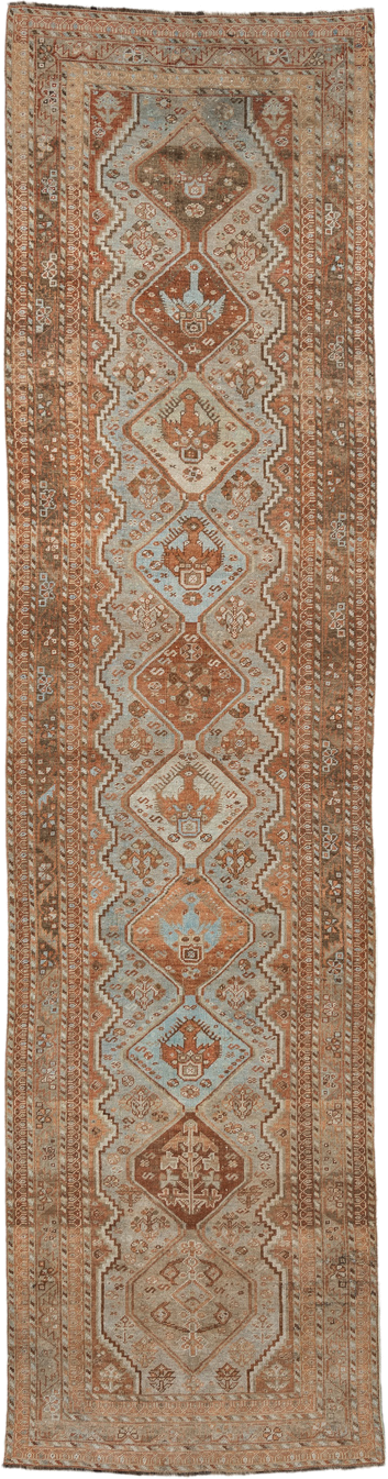 3' x 12' one-of-a-kind handmade vintage Shiraz runner rug. Color palette: ivory, rust, camel, taupe, pale blue, brown