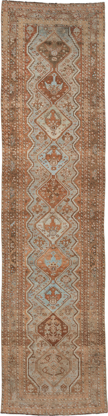 3' x 12' one-of-a-kind handmade vintage Shiraz runner rug. Color palette: brown, gray, light gray, off-white, orange, pink