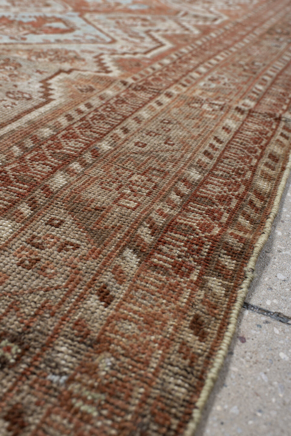 3' x 12' one-of-a-kind handmade vintage Shiraz runner rug. Color palette: ivory, rust, camel, taupe, pale blue, brown