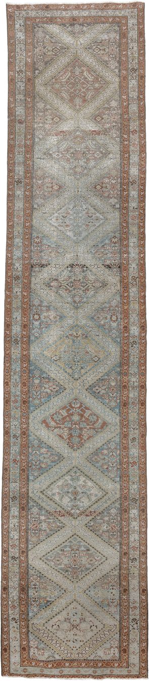 0' x 0' one-of-a-kind handmade vintage Malayer small size rug. Color palette: ivory, pale blue, rust, taupe, camel, sage