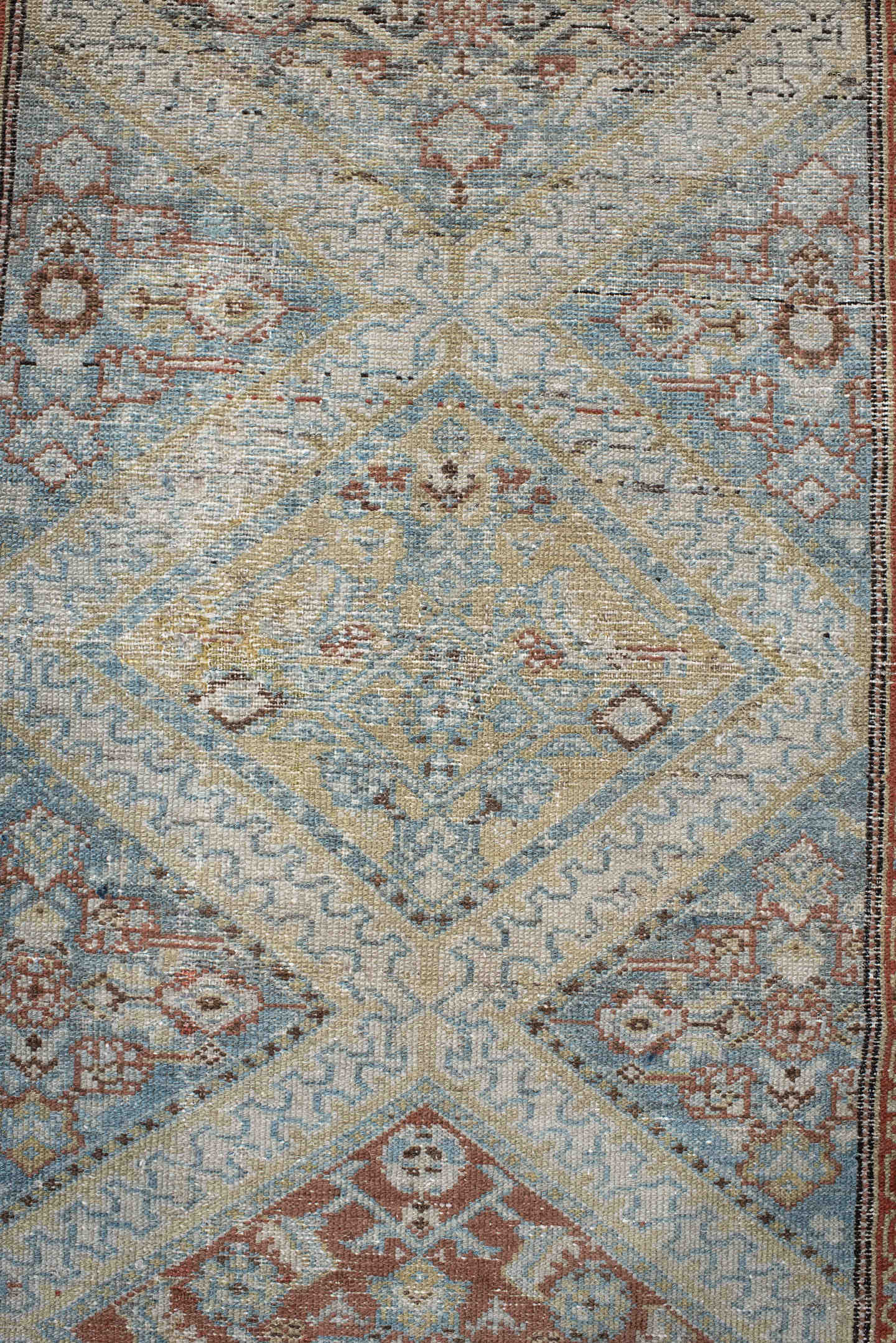 0' x 0' one-of-a-kind handmade vintage Malayer small size rug. Color palette: ivory, pale blue, rust, taupe, camel, sage
