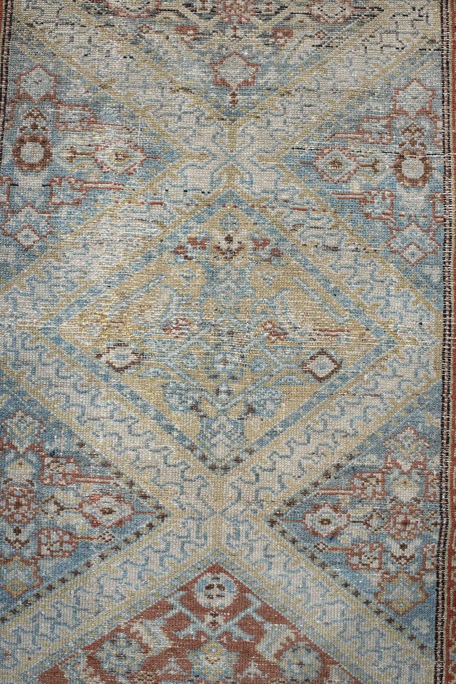 0' x 0' one-of-a-kind handmade vintage Malayer small size rug. Color palette: ivory, pale blue, rust, taupe, camel, sage