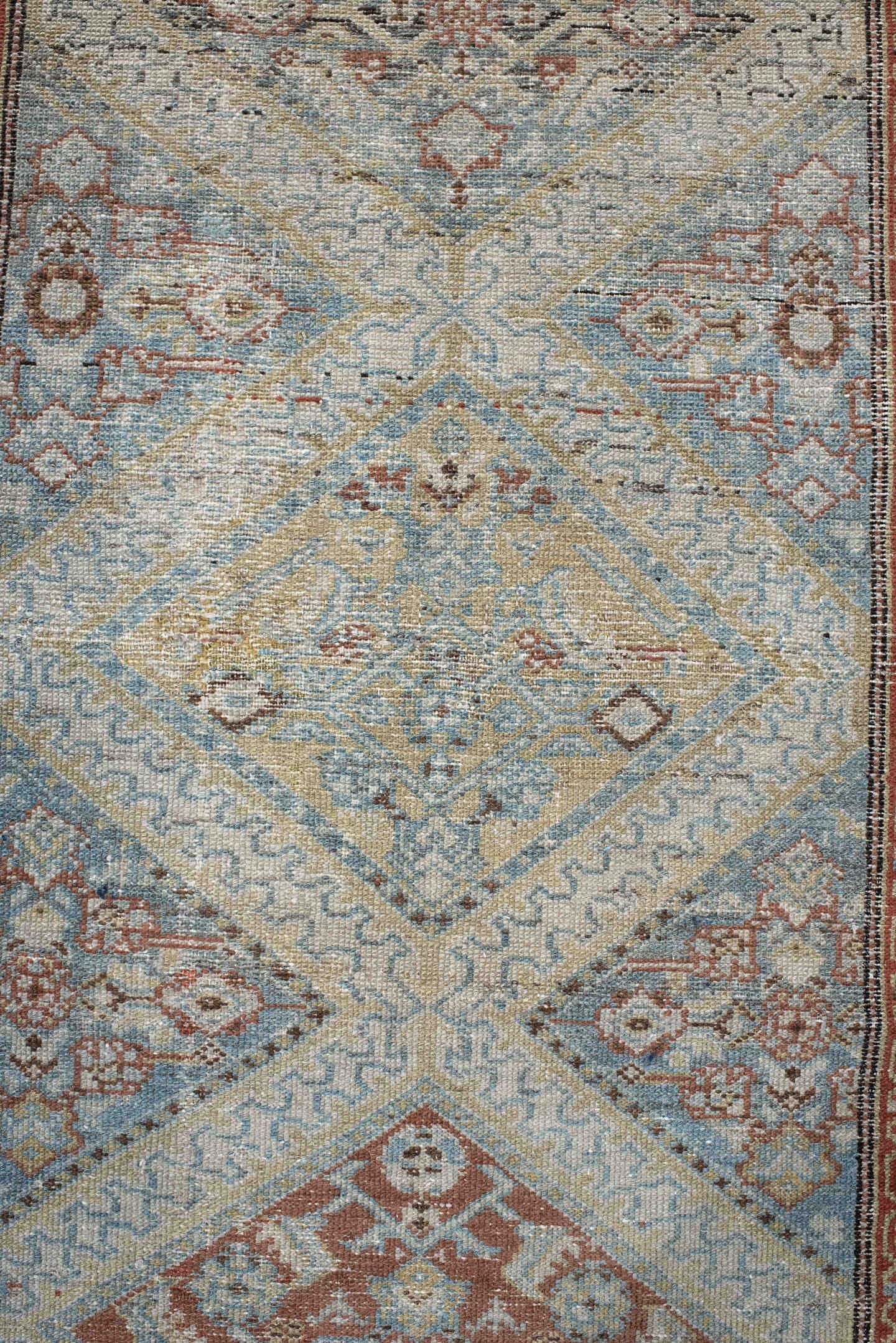 0' x 0' one-of-a-kind handmade vintage Malayer small size rug. Color palette: ivory, pale blue, rust, taupe, camel, sage