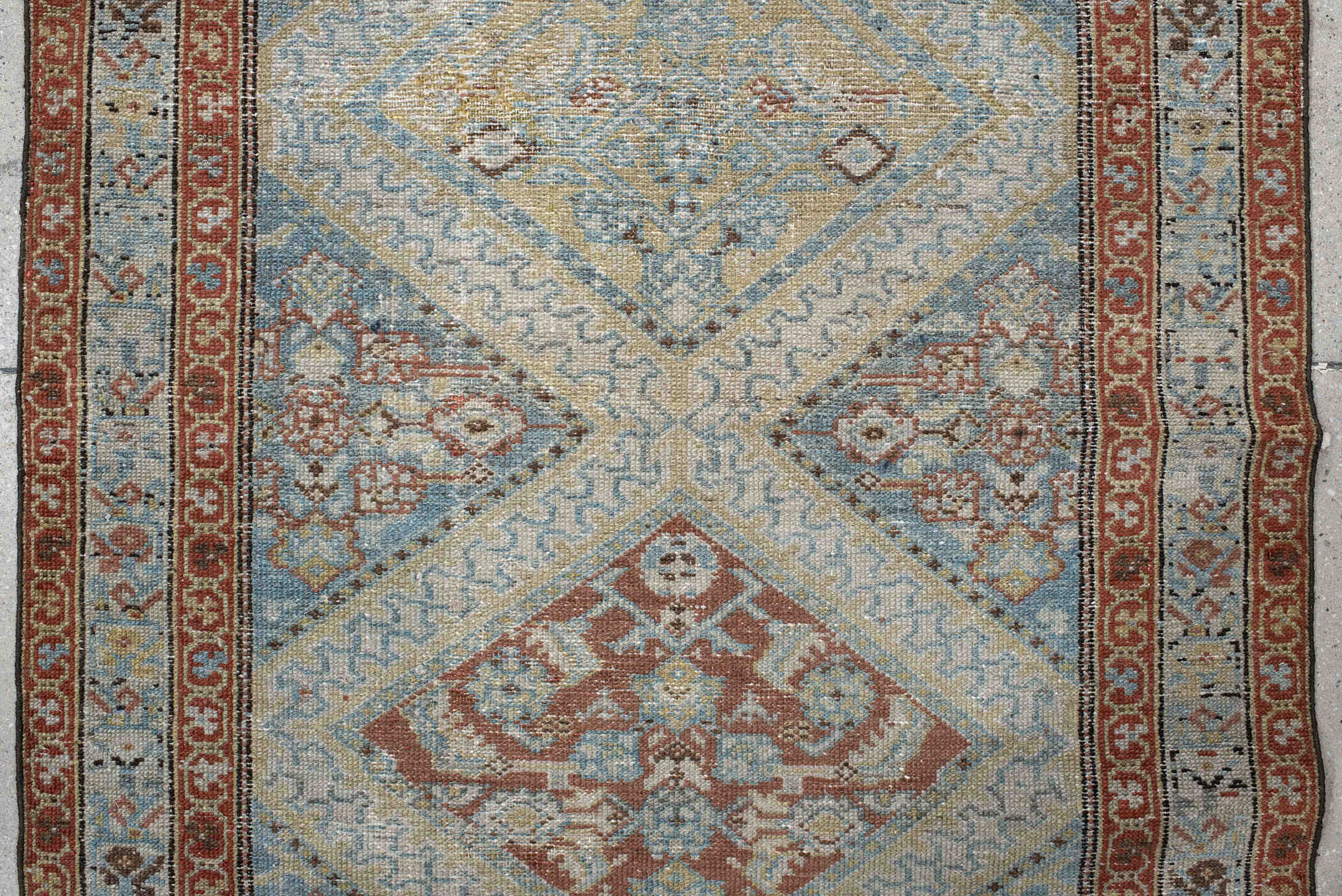 0' x 0' one-of-a-kind handmade vintage Malayer small size rug. Color palette: ivory, pale blue, rust, taupe, camel, sage