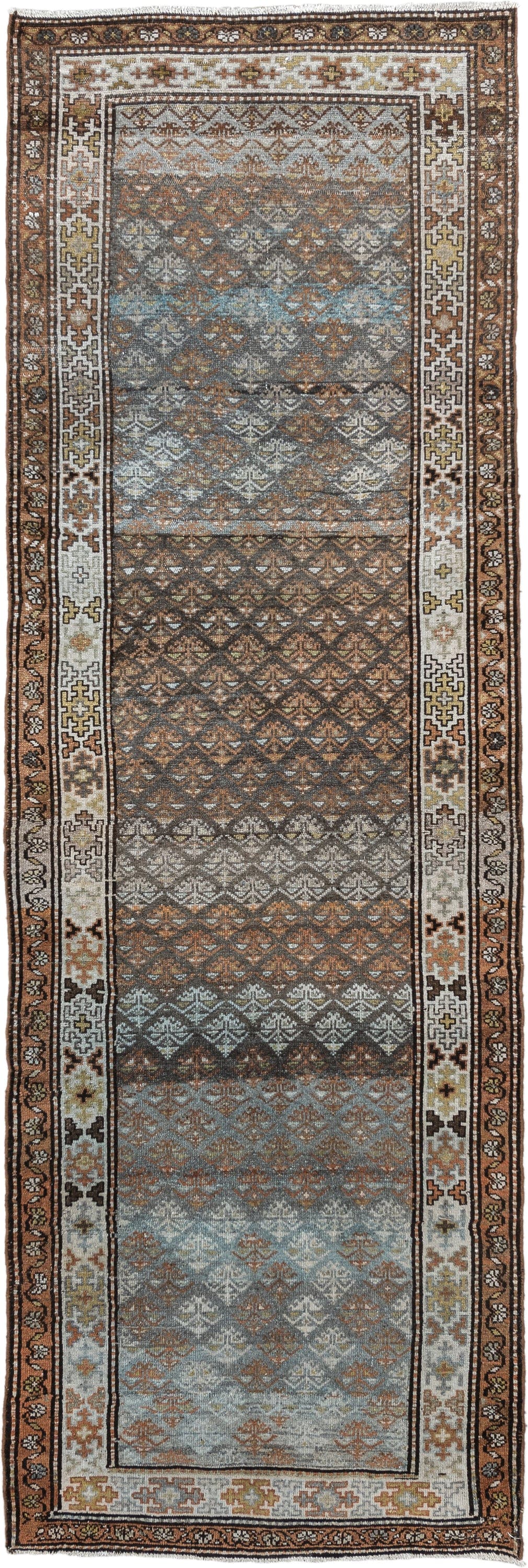 3' x 9' one-of-a-kind handmade vintage Malayer runner rug. Color palette: blue-gray, ivory, rust, brown, charcoal, taupe