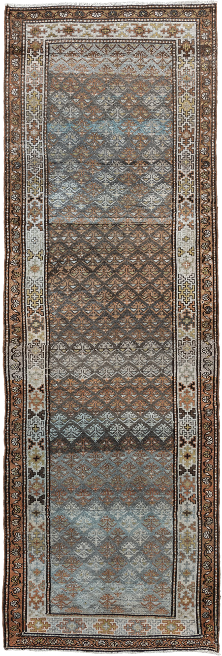 3' x 9' one-of-a-kind handmade vintage Malayer runner rug. Color palette: blue-gray, ivory, rust, brown, charcoal, taupe