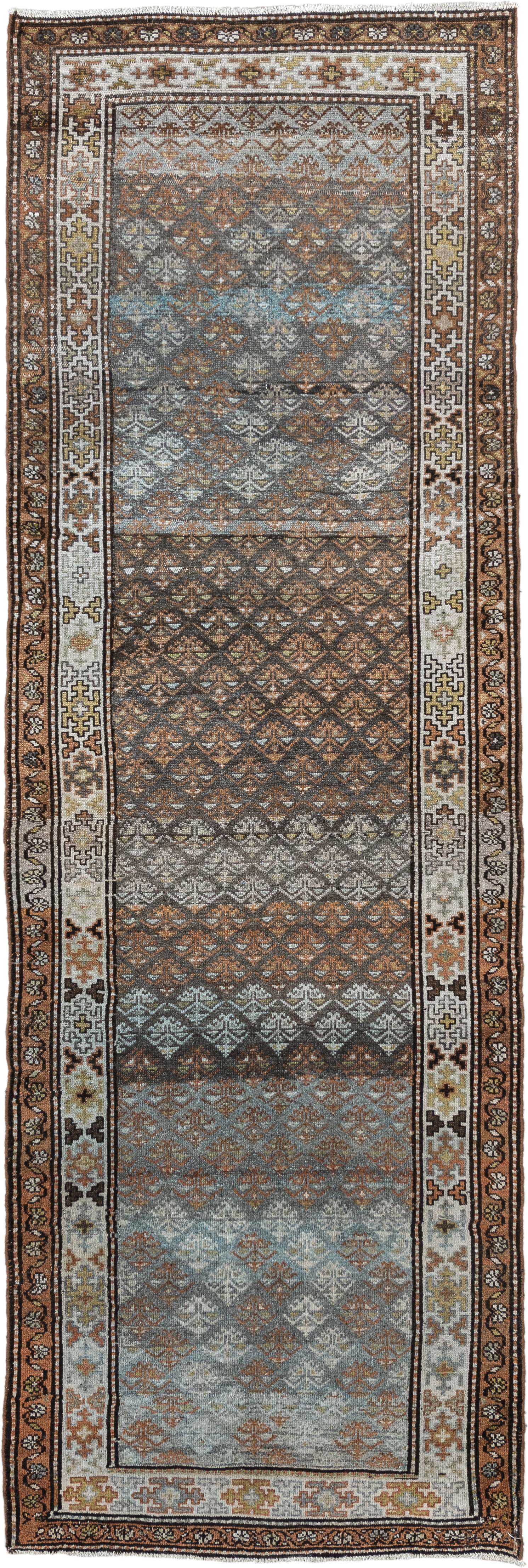 3' x 9' one-of-a-kind handmade vintage Malayer runner rug. Color palette: blue-gray, ivory, rust, brown, charcoal, taupe