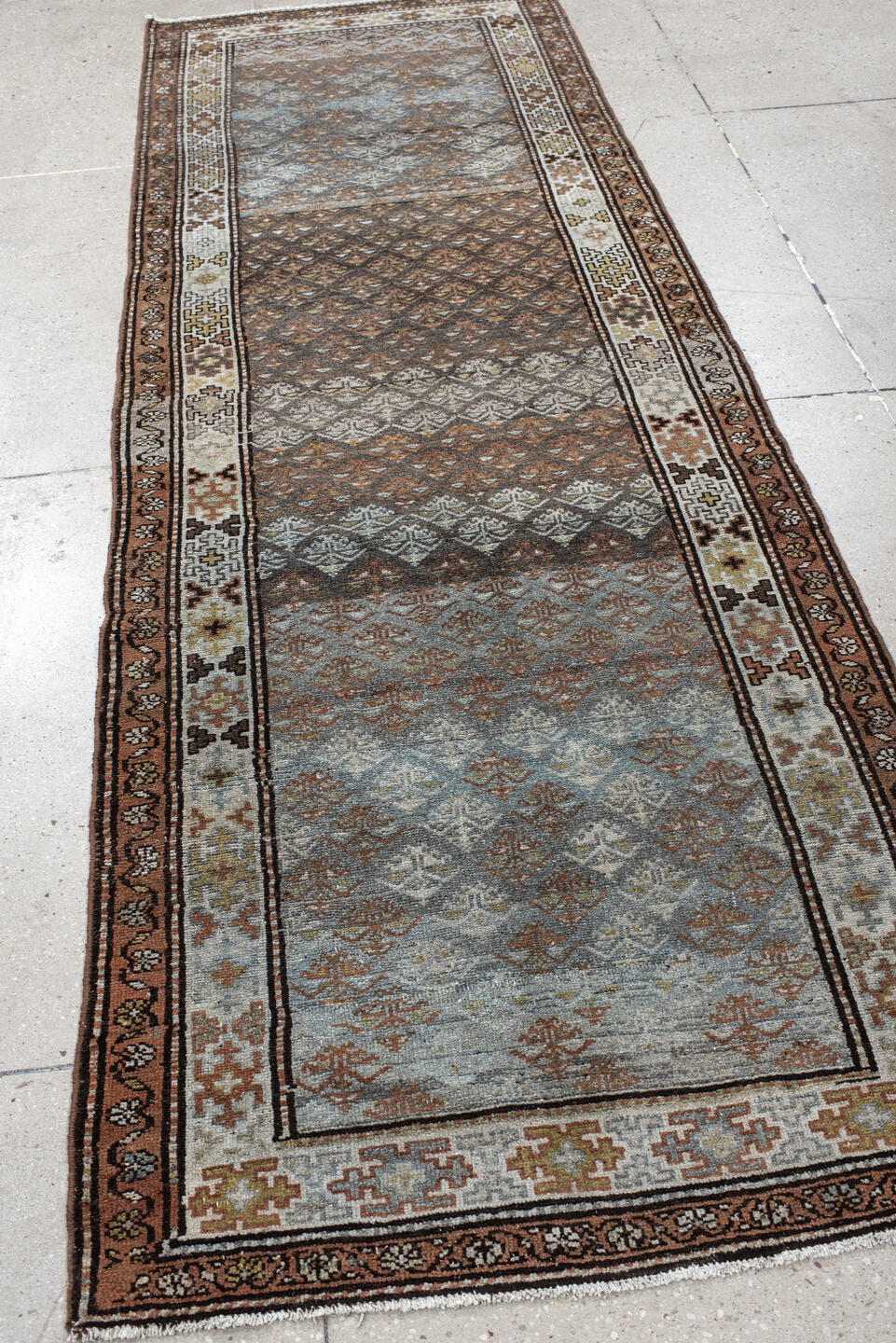 3' x 9' one-of-a-kind handmade vintage Malayer runner rug. Color palette: blue-gray, ivory, rust, brown, charcoal, taupe