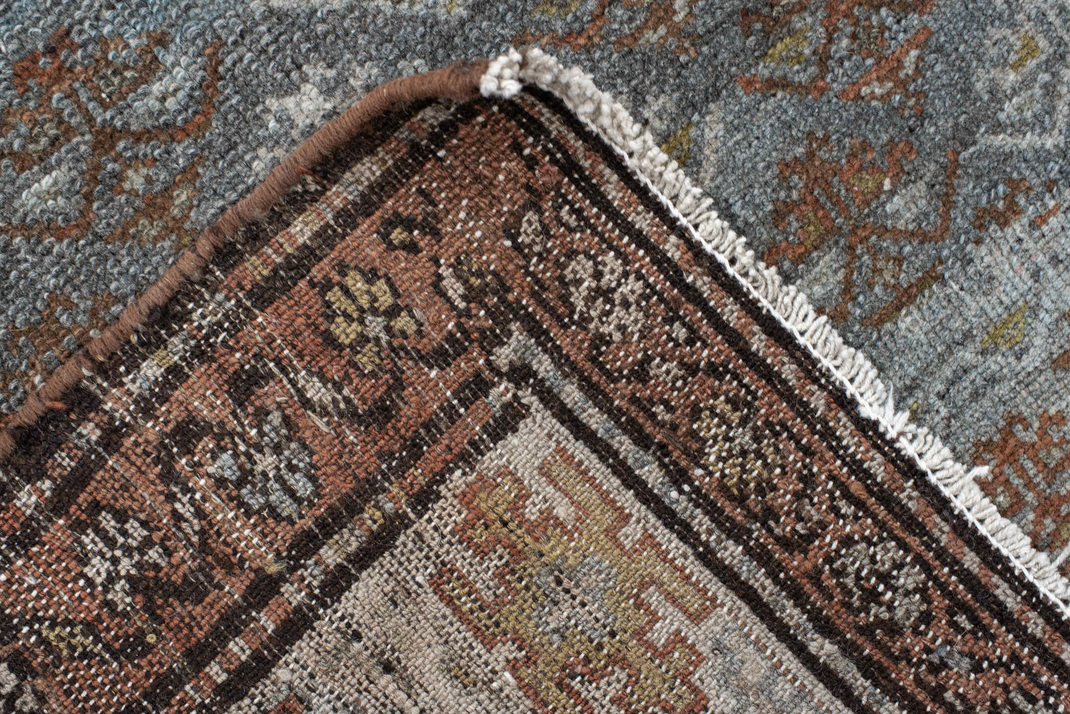 3' x 9' one-of-a-kind handmade vintage Malayer runner rug. Color palette: blue-gray, ivory, rust, brown, charcoal, taupe