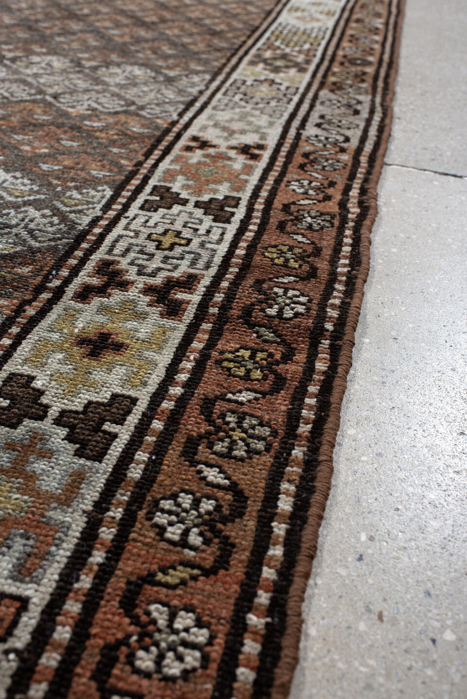 3' x 9' one-of-a-kind handmade vintage Malayer runner rug. Color palette: blue-gray, ivory, rust, brown, charcoal, taupe