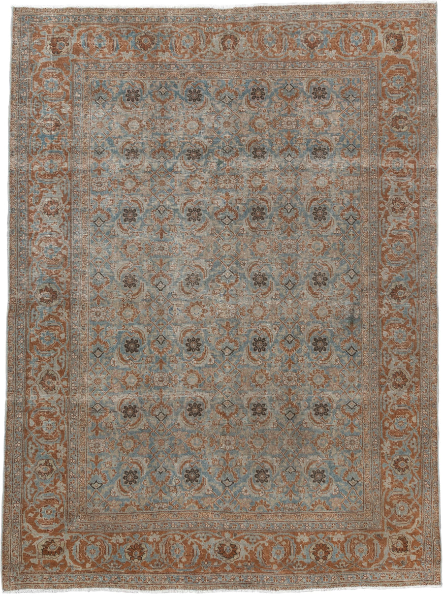 4' x 5' one-of-a-kind handmade vintage Tabriz small size rug. Color palette: light blue, rust, ivory, taupe, brown, charcoal
