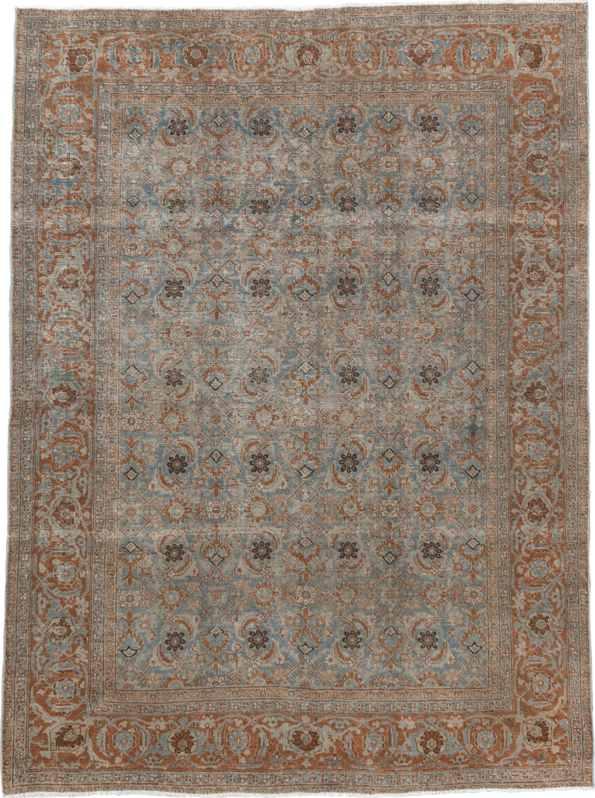 4' x 5' one-of-a-kind handmade vintage Tabriz small size rug. Color palette: light blue, rust, ivory, taupe, brown, charcoal