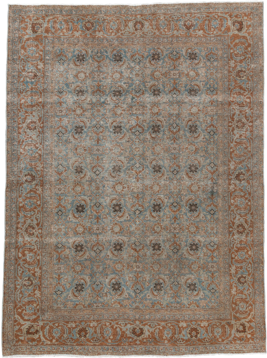 4' x 5' one-of-a-kind handmade vintage Tabriz small size rug. Color palette: light blue, rust, ivory, taupe, brown, charcoal