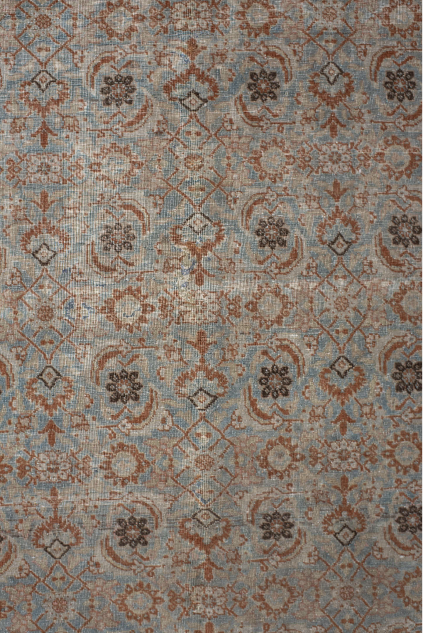4' x 5' one-of-a-kind handmade vintage Tabriz small size rug. Color palette: light blue, rust, ivory, taupe, brown, charcoal