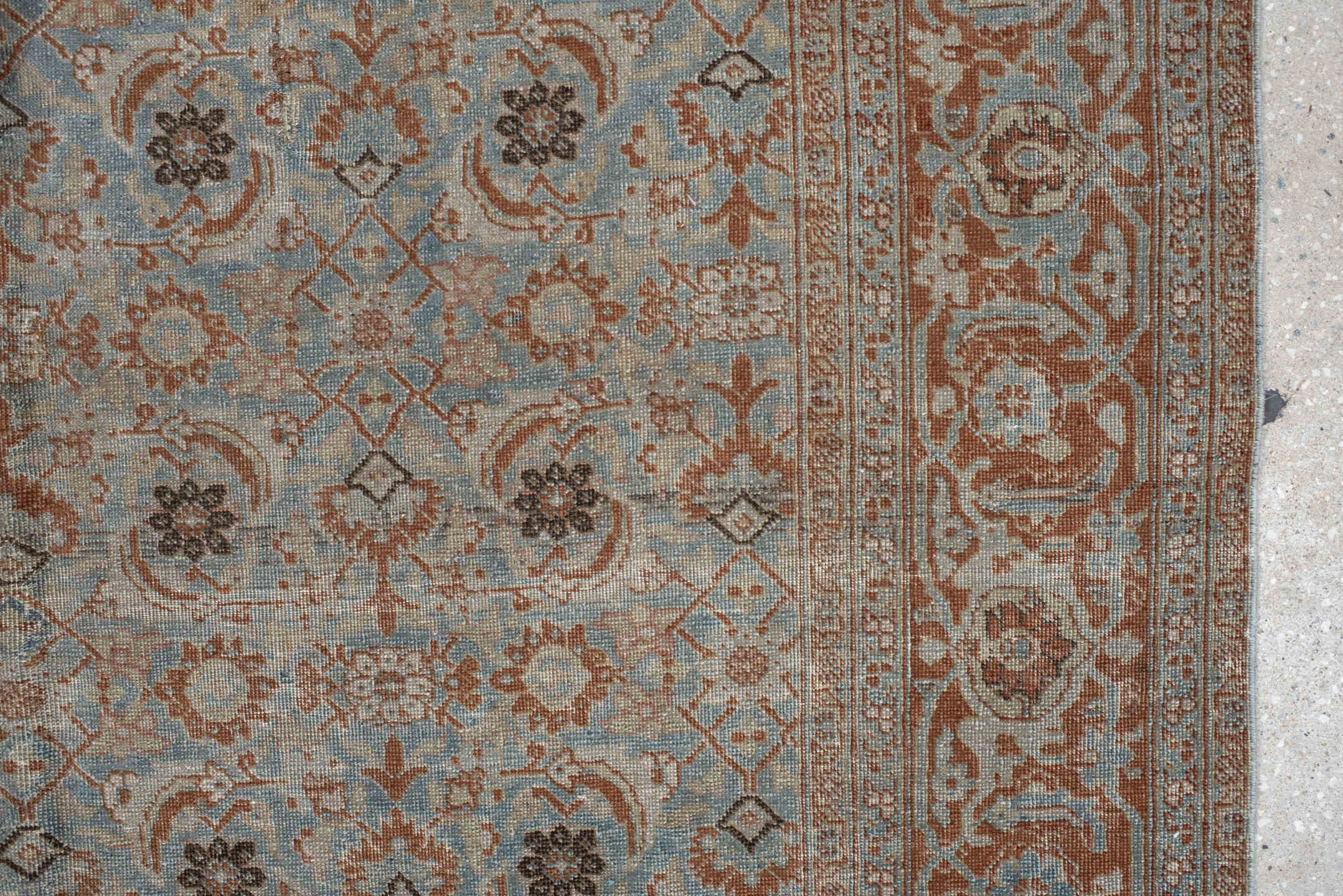 4' x 5' one-of-a-kind handmade vintage Tabriz small size rug. Color palette: light blue, rust, ivory, taupe, brown, charcoal