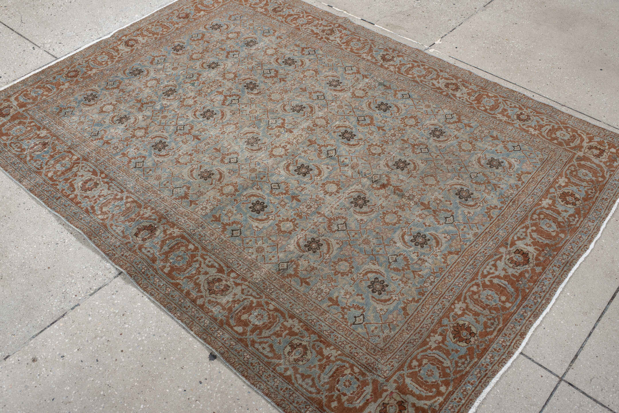 4' x 5' one-of-a-kind handmade vintage Tabriz small size rug. Color palette: light blue, rust, ivory, taupe, brown, charcoal