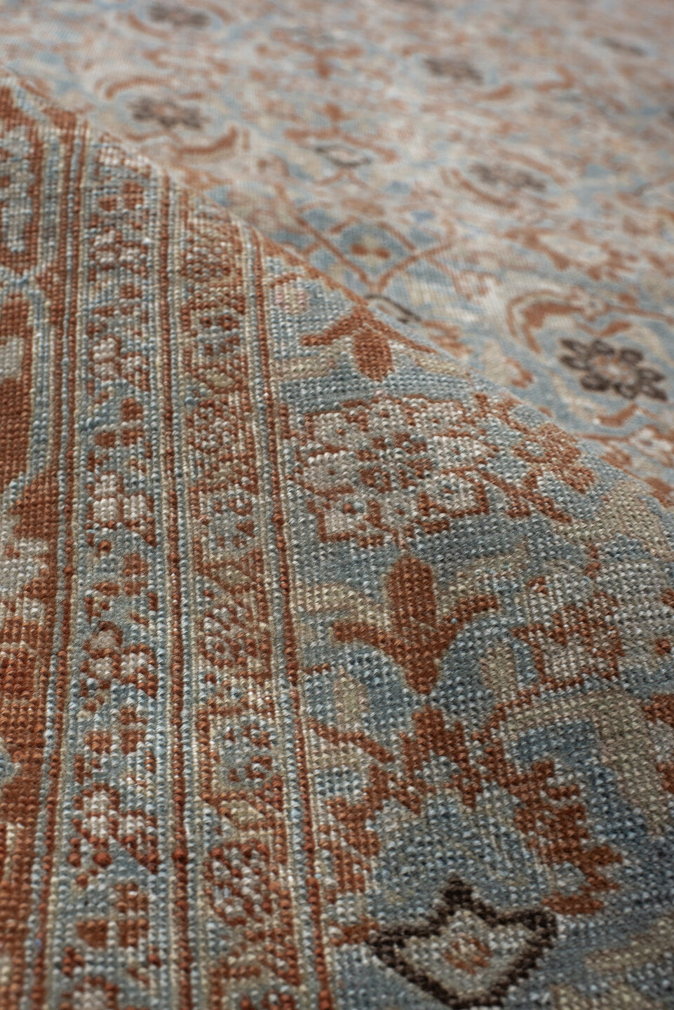 4' x 5' one-of-a-kind handmade vintage Tabriz small size rug. Color palette: light blue, rust, ivory, taupe, brown, charcoal