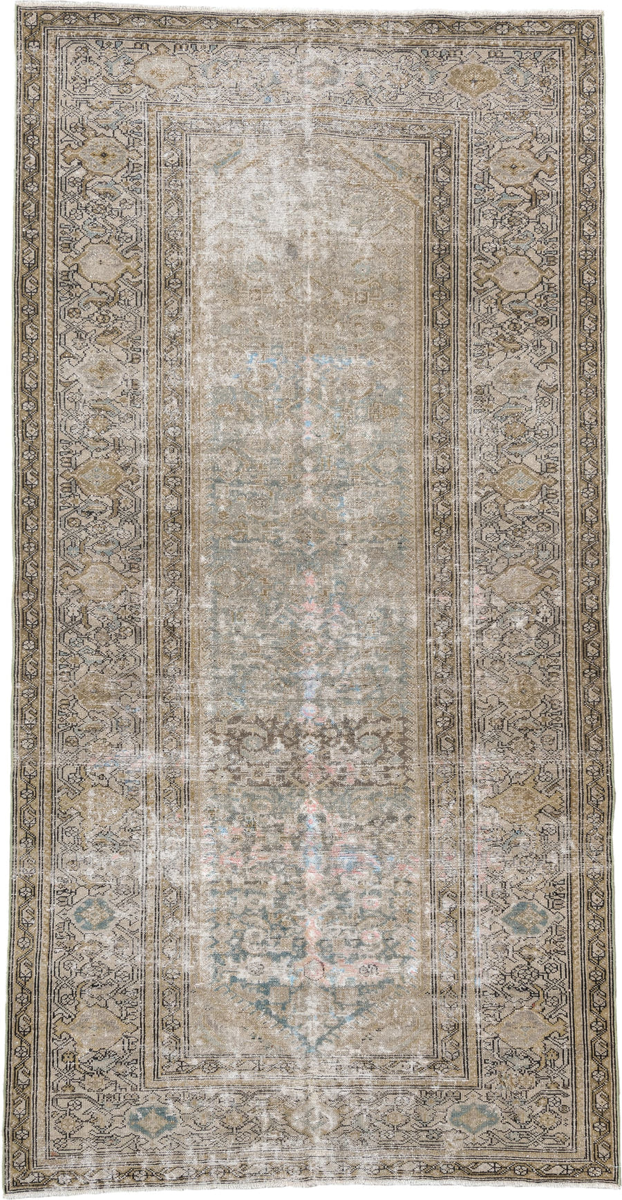 5' x 9' one-of-a-kind handmade vintage Malayer medium size rug. Color palette: taupe, ivory, beige, camel, pale blue, blush