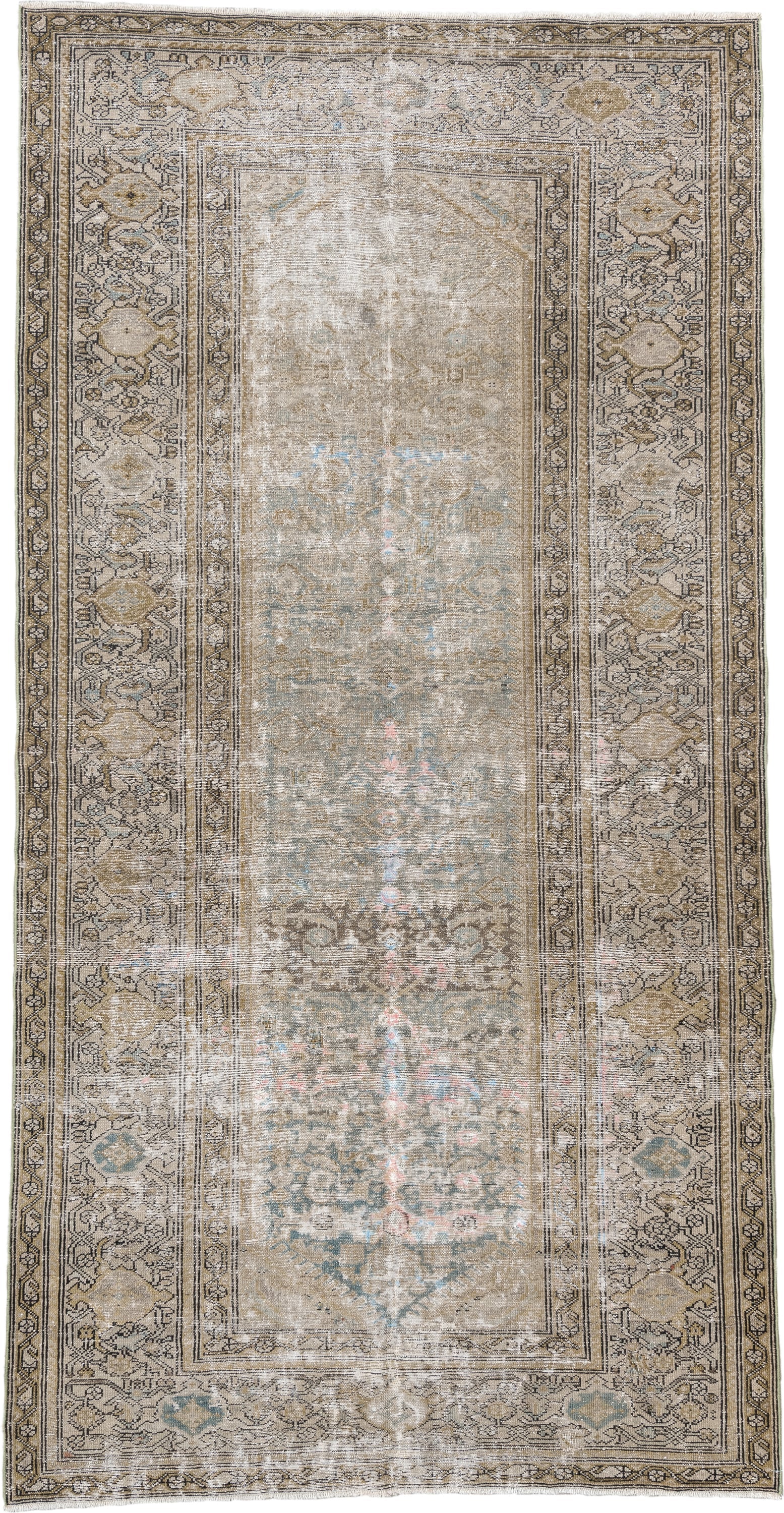 5' x 9' one-of-a-kind handmade vintage Malayer medium size rug. Color palette: taupe, ivory, beige, camel, pale blue, blush
