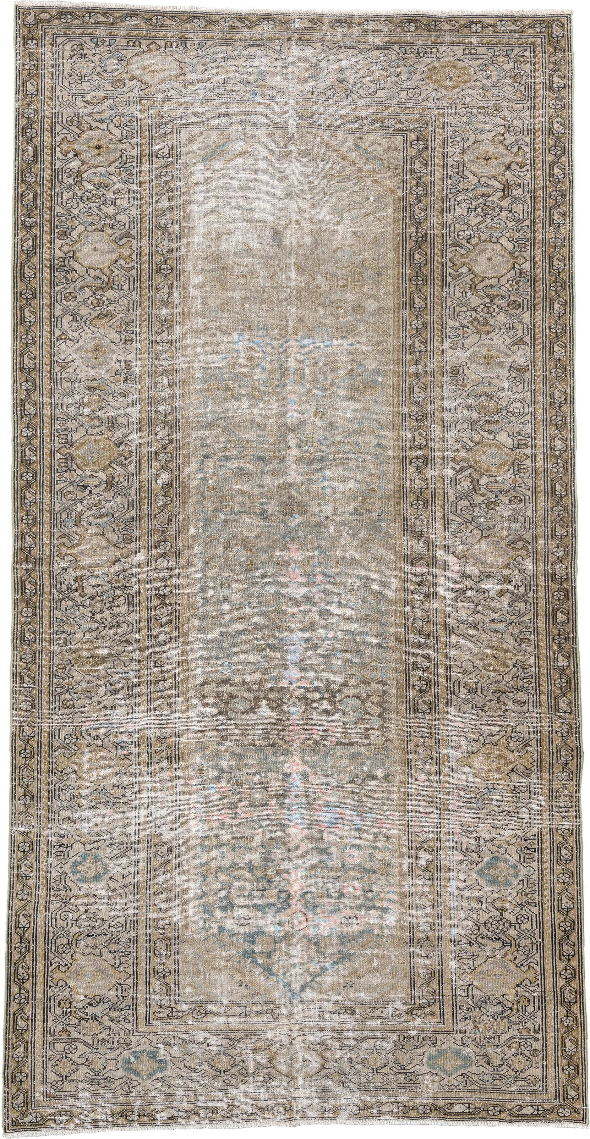 5' x 9' one-of-a-kind handmade vintage Malayer medium size rug. Color palette: taupe, ivory, beige, camel, pale blue, blush