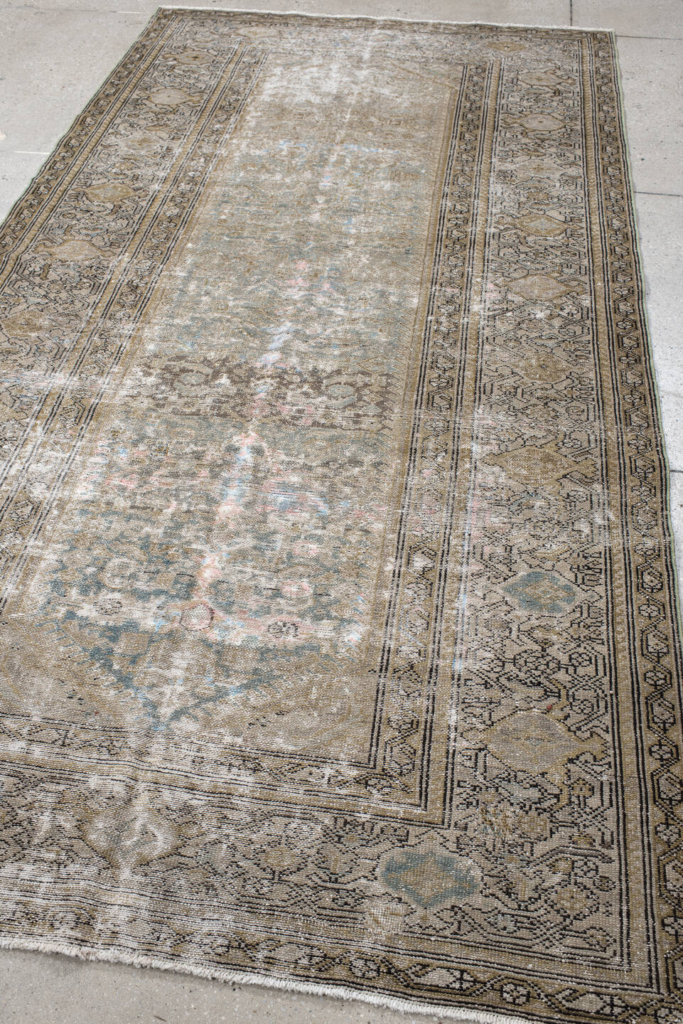 5' x 9' one-of-a-kind handmade vintage Malayer medium size rug. Color palette: taupe, ivory, beige, camel, pale blue, blush